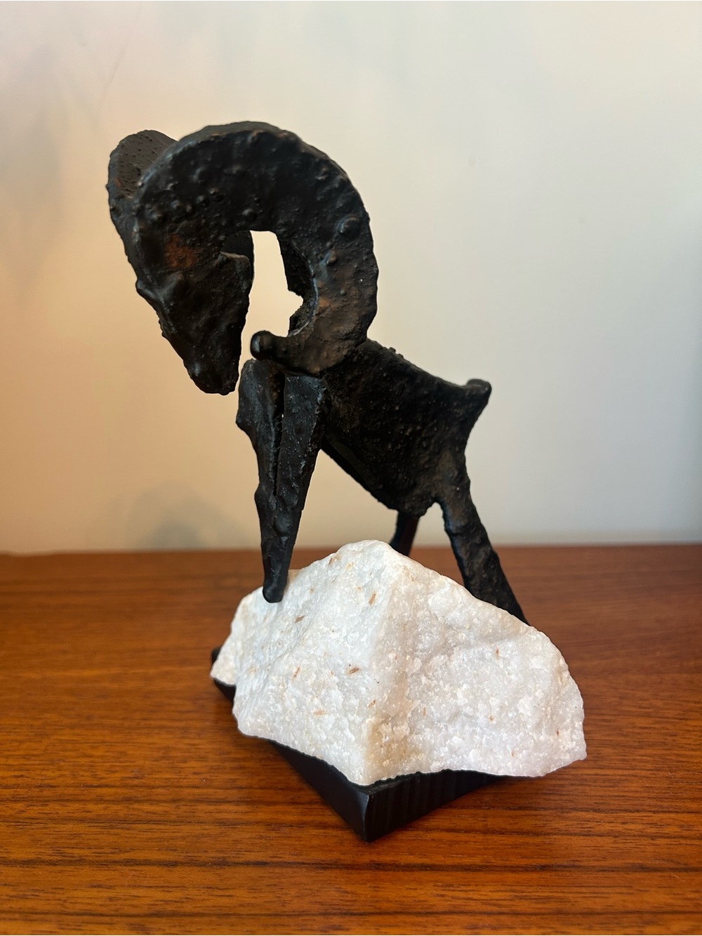 Vintage Brutalist Jaro Svitorka Black Ram Wrought Iron Sculpture Stone Quartz